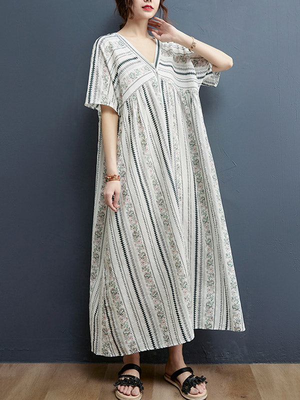 Floral Printed Casual V-Neck Buttoned Midi Dress