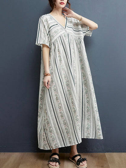 Floral Printed Casual V-Neck Buttoned Midi Dress