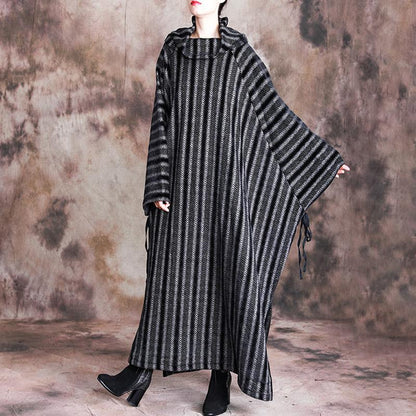 Buykud Loose Split Hem Bat Sleeve Casual Stripe Dress