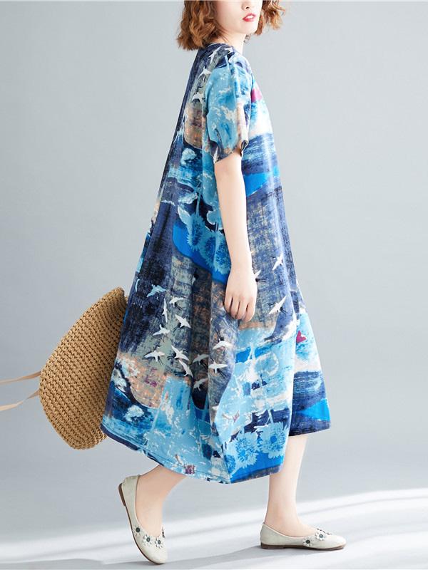 Ramie Cotton Plus Size Printing Style Midi Dresses