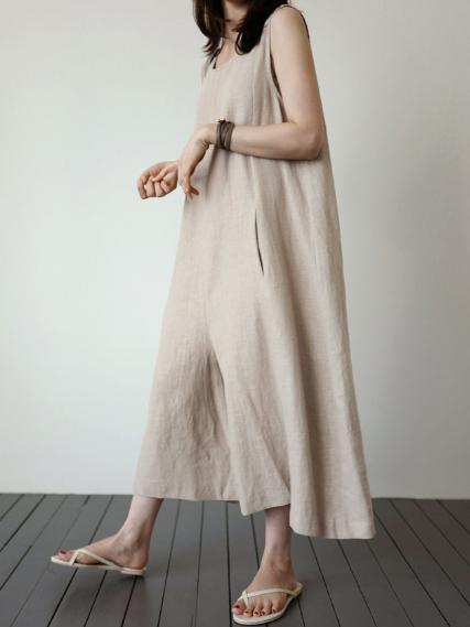 Light Khaki Loose Sleeveless Round-neck Wide Leg Jumpsuits