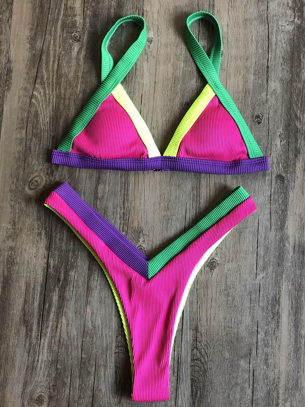 Triangles Colors Hemming Bikini Swimsuit