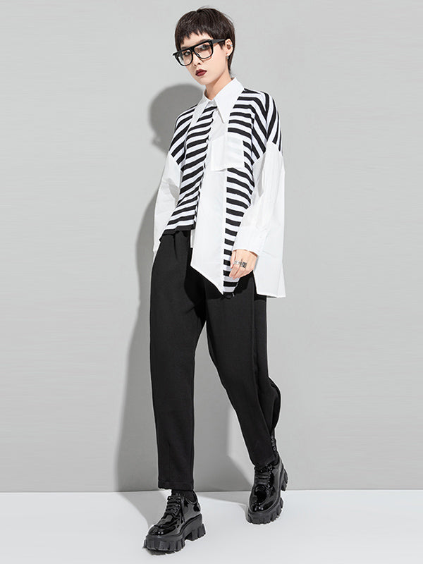 Stylish Asymmetric Split-Joint Striped High-Low Irregular Clipping Split-Back Blouse