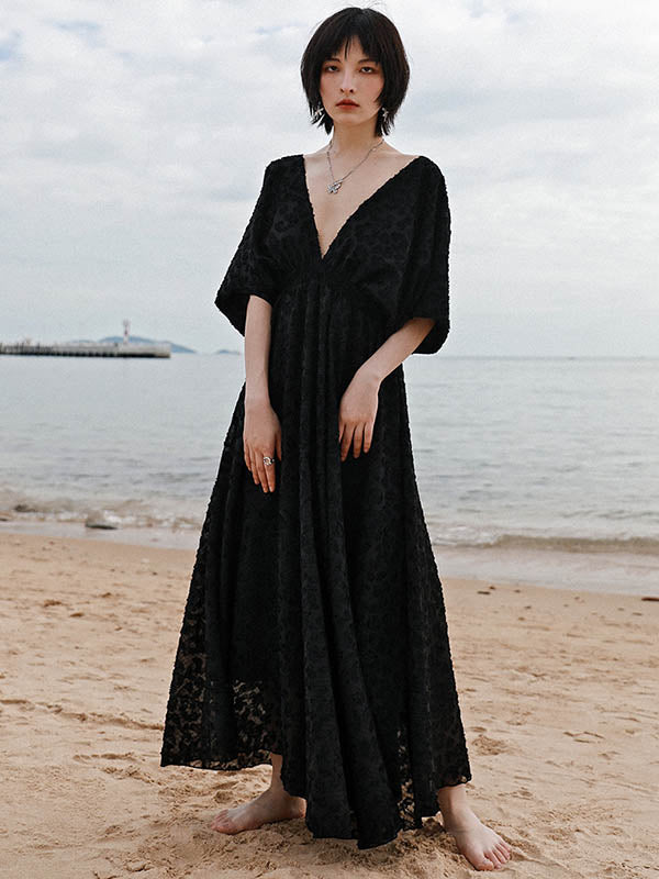 Stylish Solid Color Hollow Embroidered Mesh Backless Split-Side V-Neck Half Sleeves Maxi Dress