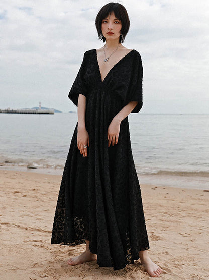 Stylish Solid Color Hollow Embroidered Mesh Backless Split-Side V-Neck Half Sleeves Maxi Dress