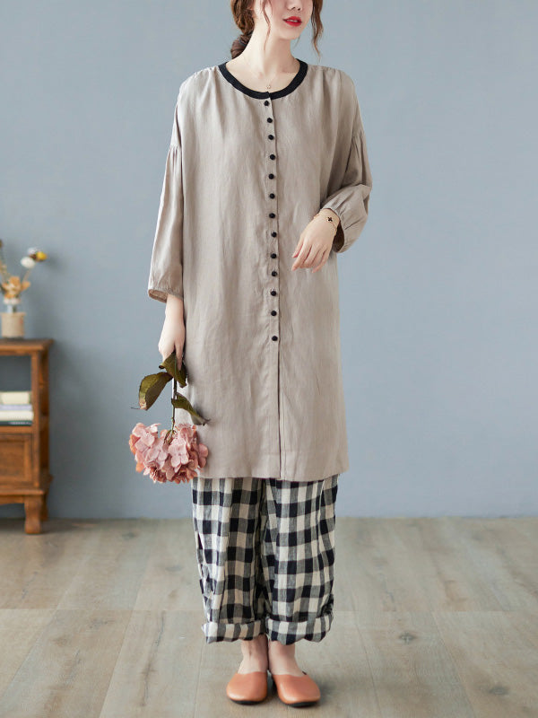 Causal Ramie Cotton Buttoned Round-Neck Long Sleeves Loose Midi Dress