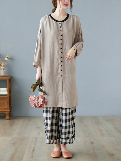 Causal Ramie Cotton Buttoned Round-Neck Long Sleeves Loose Midi Dress