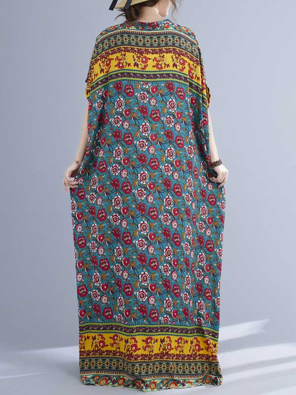 Vacation Flower Print V-Neck Batwing Sleeve Maxi Dress