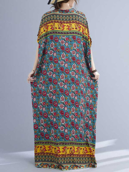 Vacation Flower Print V-Neck Batwing Sleeve Maxi Dress