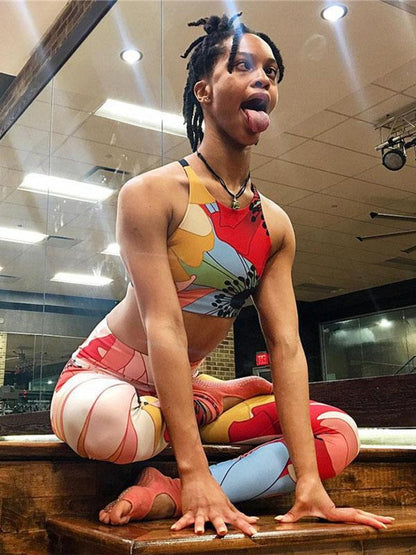 Printed Back Bandage Tanks And Wide Waistband Leggings Suits