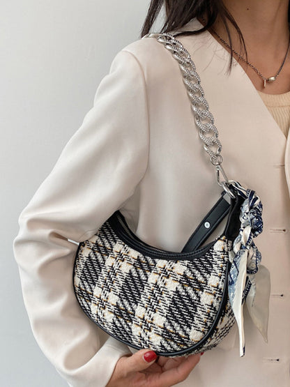 Original Chic Plaid With Chain&Scarf Zipper Canvas Shoulder Bag