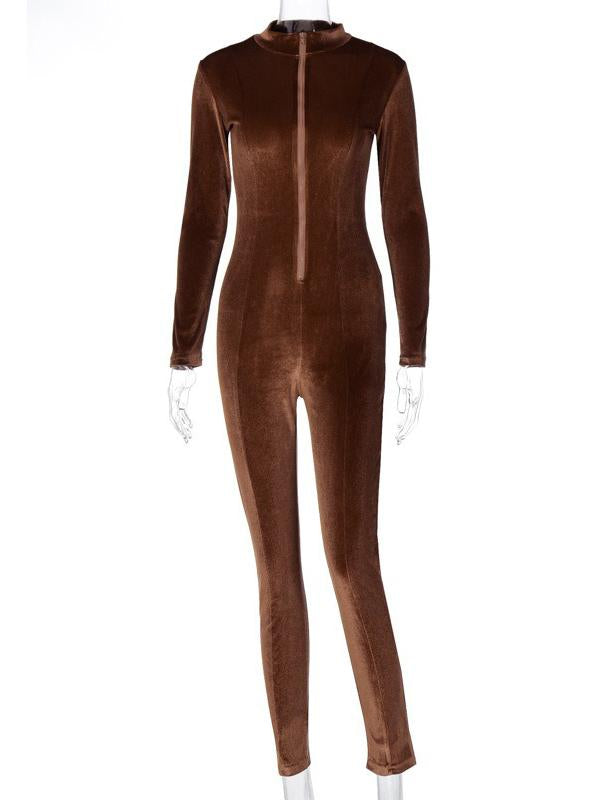 Sexy Solid Color Zipper Long Sleeves Sports Jumpsuits