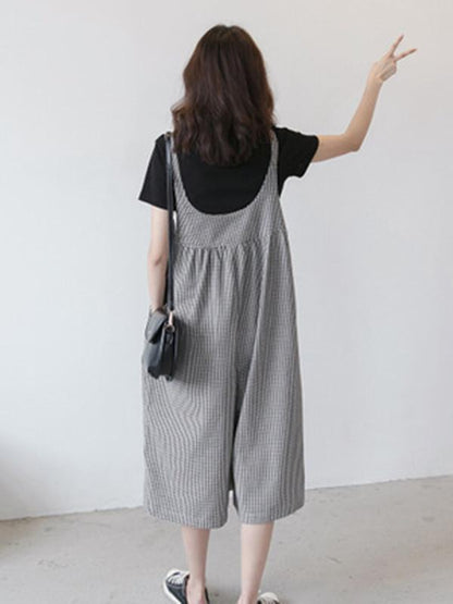 Maternity Plaid Wide Leg Spaghetti-neck Jumpsuits