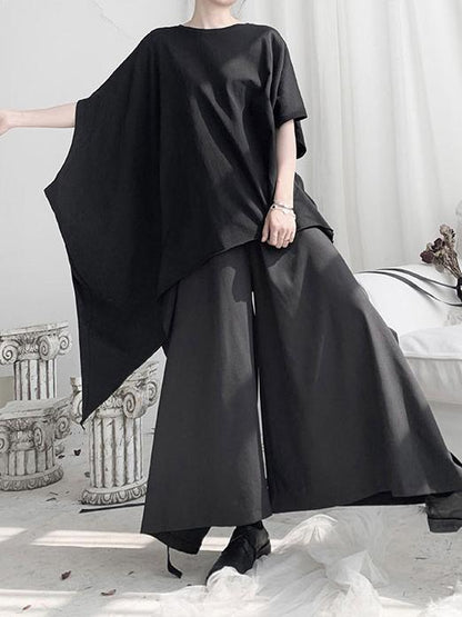 Black Loose Cropped Asymmetric T-shirt Tops