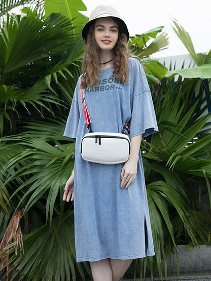 Solid Letter Printed Cotton Loose Split-side Midi Dress