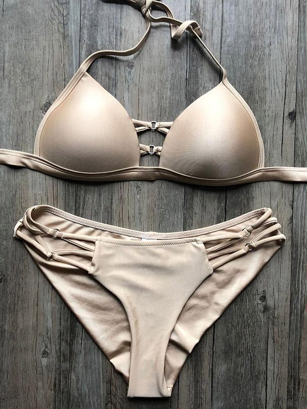 Solid Color Bandage Hollow Split Bikini Swimsuit