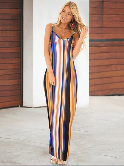 V-neck Sexy Striped Maxi Dress