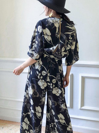 Casual Flower Printed Lace-up Jumpsuit