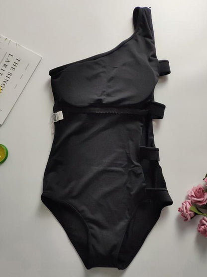 One Shoulder Fastener One-piece Swimsuit