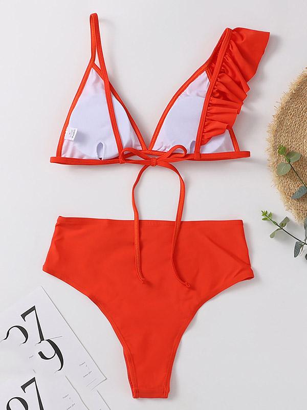 Asymmetric One-Shoulder Solid Color Split Bikini Swimsuit