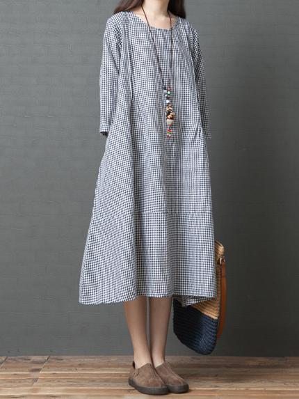 Loose Plaid Round-neck Long Sleeves Dress