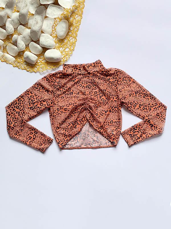 Leopard Print Net Yarn Long Sleeve Three-Piece Bikini Swimsuit