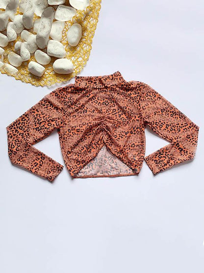 Leopard Print Net Yarn Long Sleeve Three-Piece Bikini Swimsuit