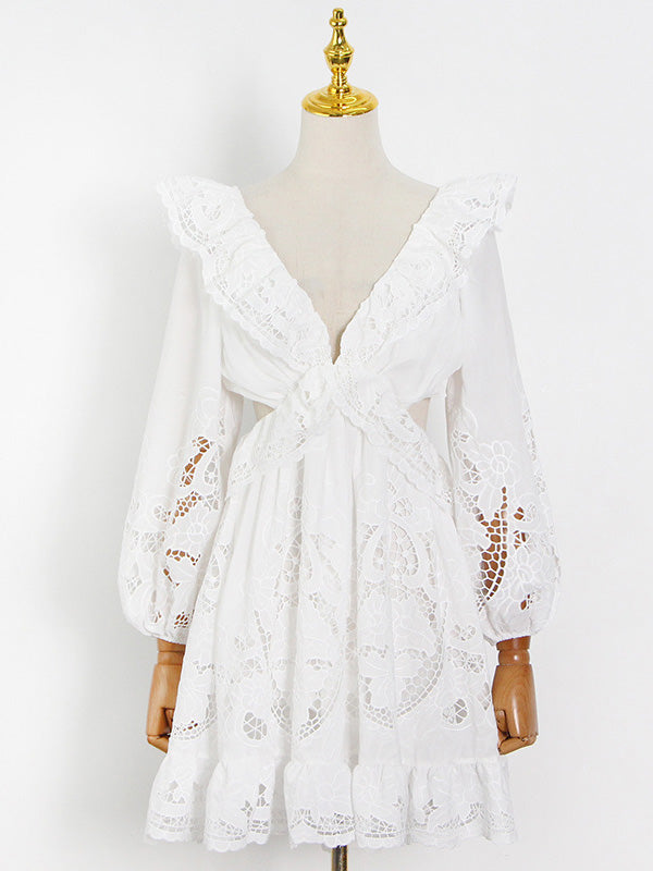 Fashion Solid Color Backless Hollow Lace V-Neck Bishop Sleeve Mini Dress