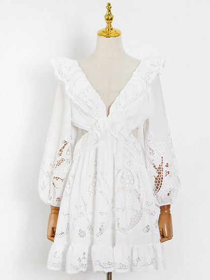 Fashion Solid Color Backless Hollow Lace V-Neck Bishop Sleeve Mini Dress