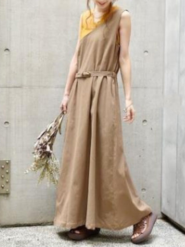 Casual Ramie Cotton Solid Color Belted V-Neck Sleeveless High-Waist One-Shoulder Strap Dress