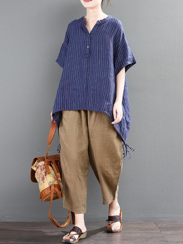 Loose Striped T-shirt + Solid Casual Pants Suits