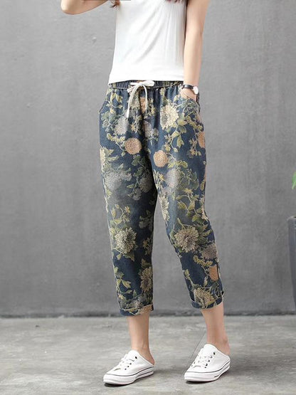Vintage Summer Loose Printed Jean Pants Shorts