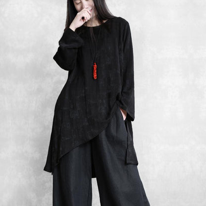Buykud Simple Loose Irregular Hem Jacquard Shirt