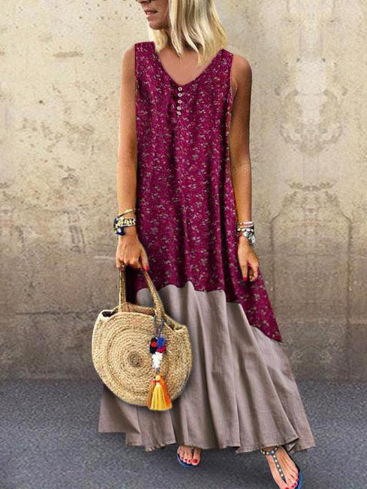 Loose Printed Sleeveless Split-joint Maxi Dress