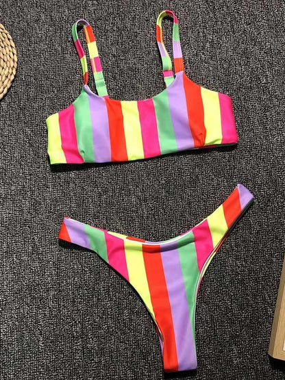 Sports Colors Striped Bikini Swimsuit