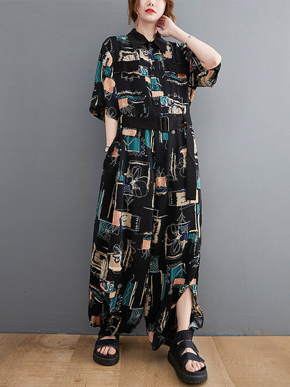 Stylish Printed Belted Split-Side Lapel Short Sleeves Loose Jumpsuits