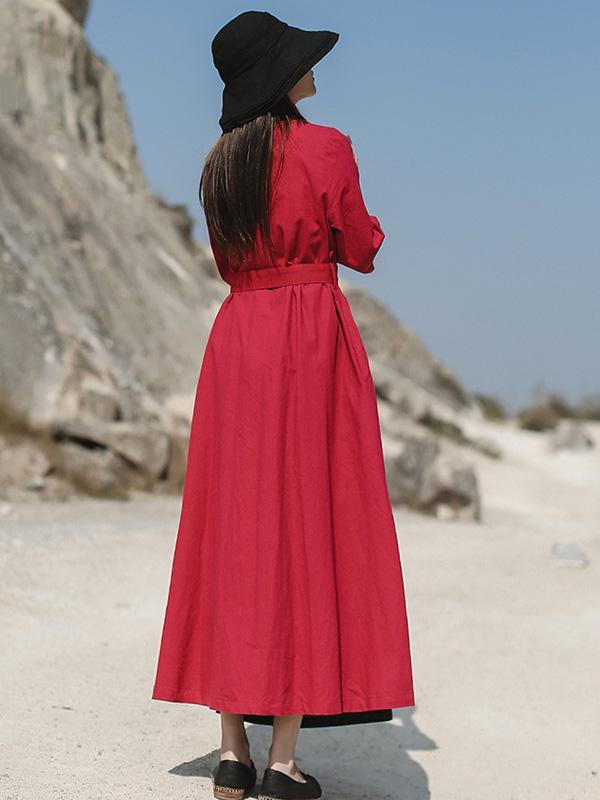 Artistic Retro Solid V-Neck Dress