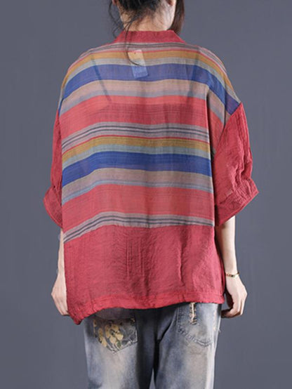 Office Loose V-neck Striped Blouse