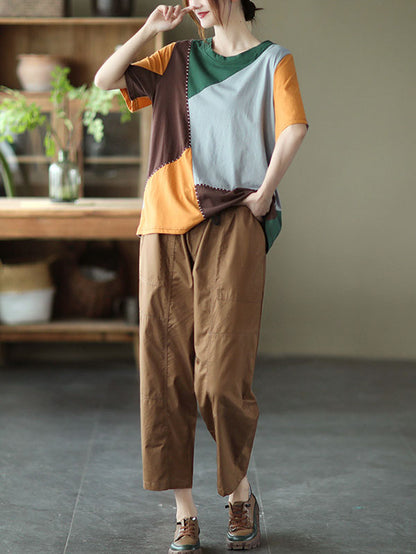 Cotton Blend Round-Neck Contrast Color T-Shirts Tops