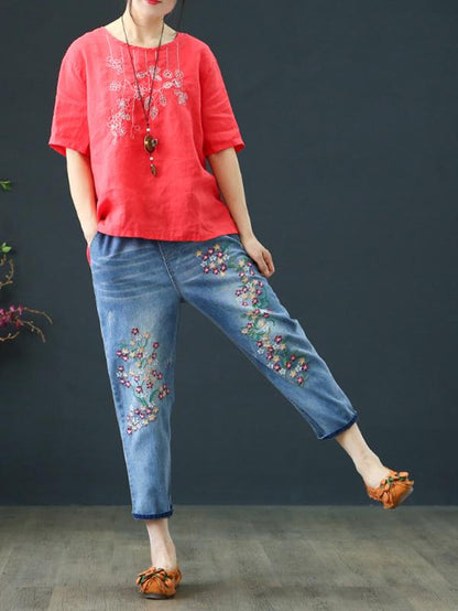 Loose Embroidered Jean Pants