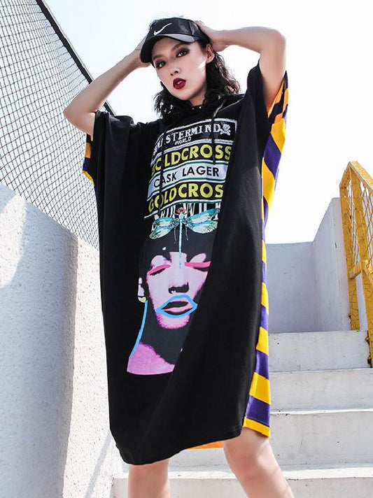 Striped Printed Loose Hoodies Dress