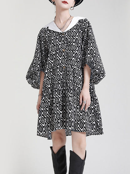 Stylish Printed Buttoned Pleated Falbala Lapel Collar Bishop Sleeves Mini Dress