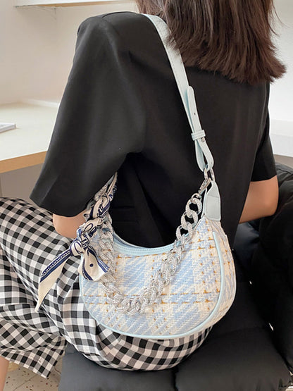 Original Chic Plaid With Chain&Scarf Zipper Canvas Shoulder Bag