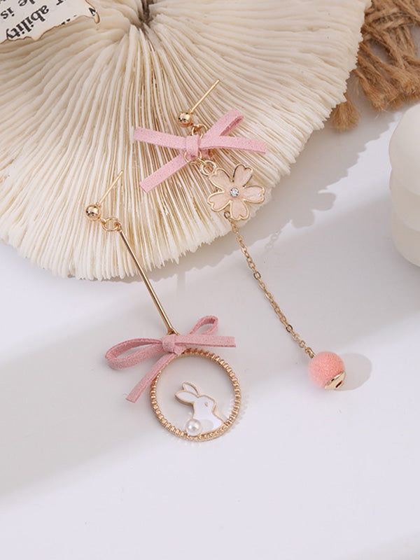Cute Flower Rabbit Shape Bow-Embellished Asymmetric Earrings