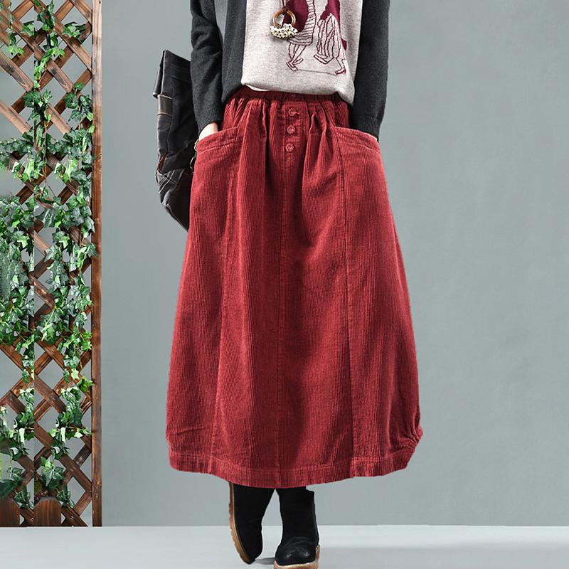 Elastic Waist Calf Length Winter Corduroy Skirt
