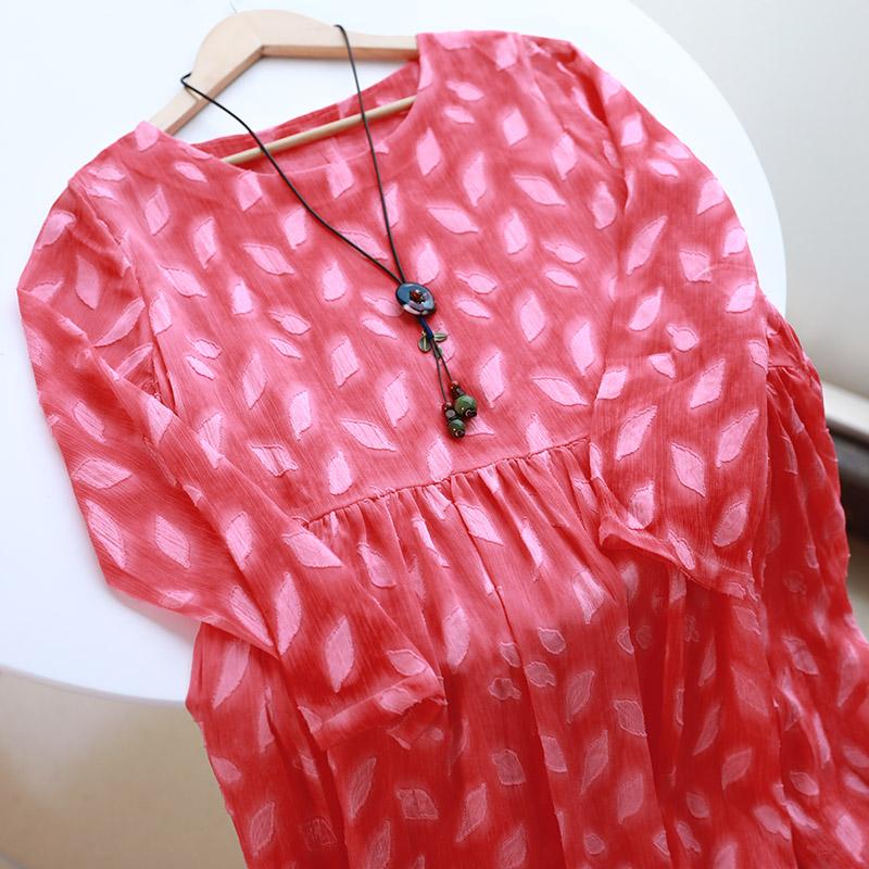 Women's Casual Round Neck Long Sleeve Red Pleated Dress