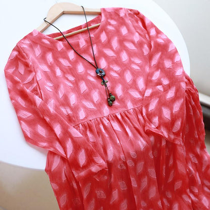Women's Casual Round Neck Long Sleeve Red Pleated Dress