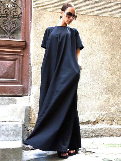 Loose Navy-blue Short Sleeves Maxi Dress