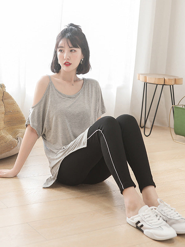 Casual Solid Color Asymmetric Cold Shoulder Spaghetti-Neck T-Shirt