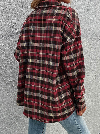 Casual Red Plaid Split-Joint With Pocket Buttoned Lapel Collar Blouse
